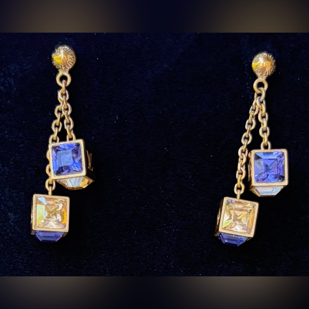 LOUIS VUITTON Gold Drop Earrings with Blue & Clear Crystal Stones. Stunning.